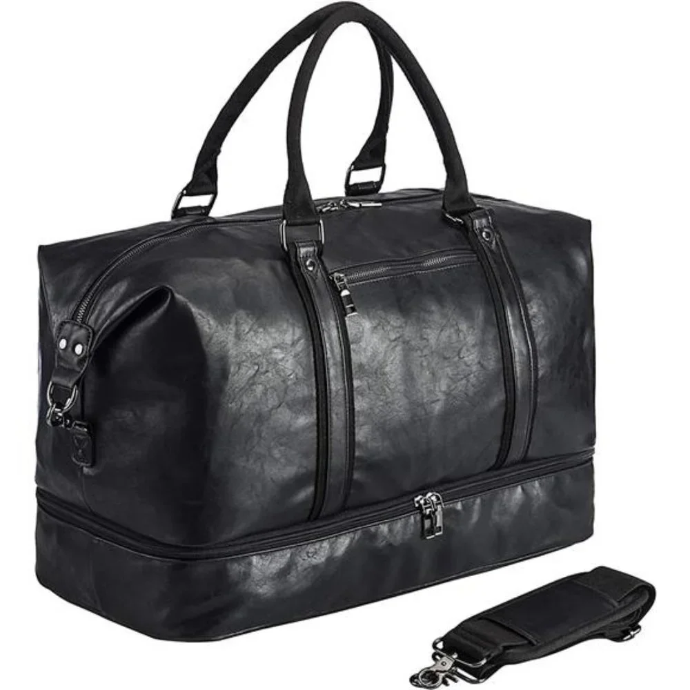 Men's Duffle Leather Travel Bag with Shoe Pouch Black